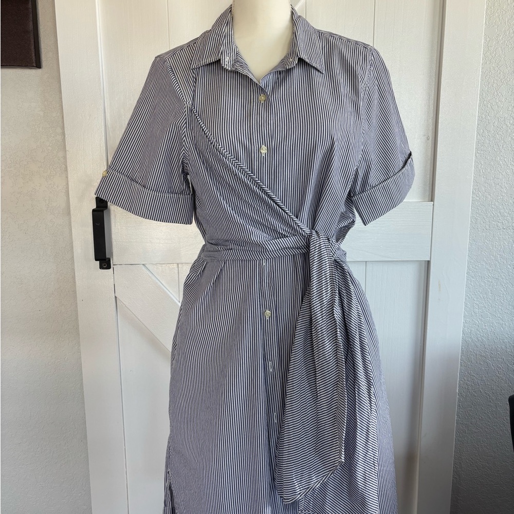 Blue Midi Wrap Dress with Cuffed Sleeves